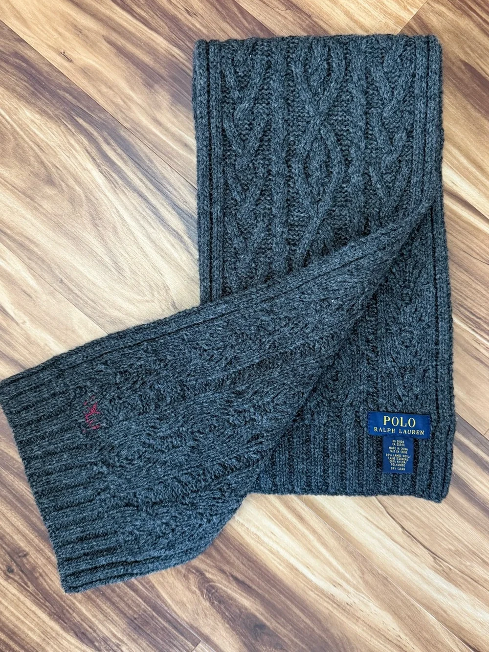 Vintage 90’s Polo by Ralph Lauren Charcoal Cable Knit Scarf with American Flag